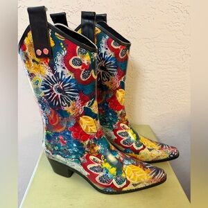 Rain Bops Beehive Rubber Cowboy Boots Pointed Toe Abstract Art Boho Western Shoe